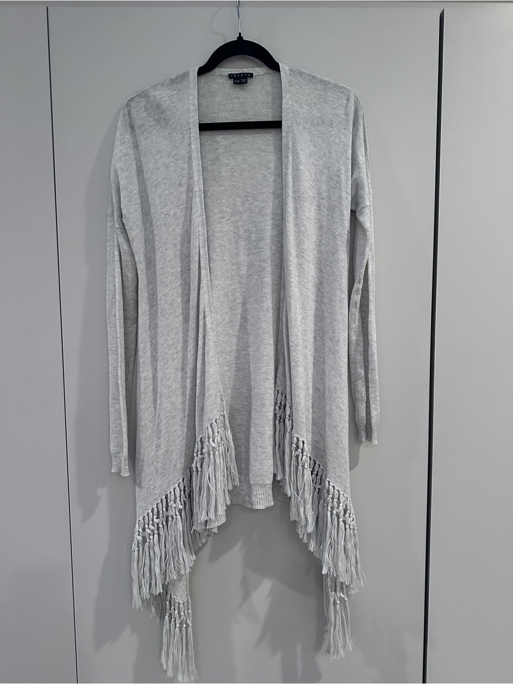 Theory Women's Light Gray Fringe Open-Front Sweater Cardigan - sz P